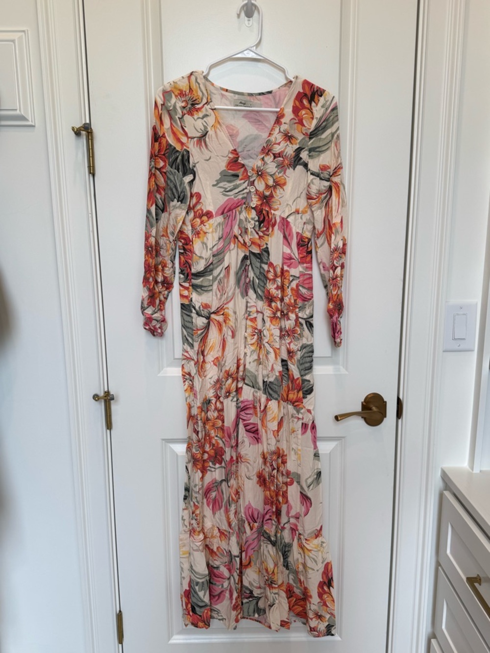 Maaji Floral V-Neck Long Sleeve Maxi Dress - Pink, Cream & Green